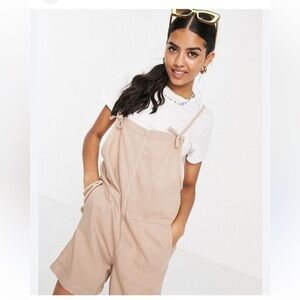 Monki Nobu Cotton Dungaree Romper In Beige